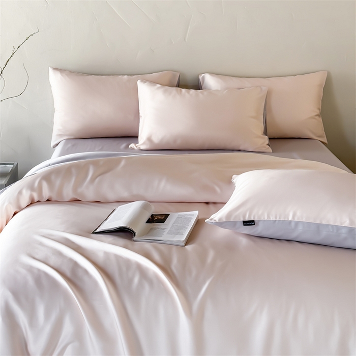 91家纺网 家纺一手货源 找家纺 优贝家纺 2026新款天丝面料纯色100%莱赛尔天丝面料四件套 粉玉+浅灰