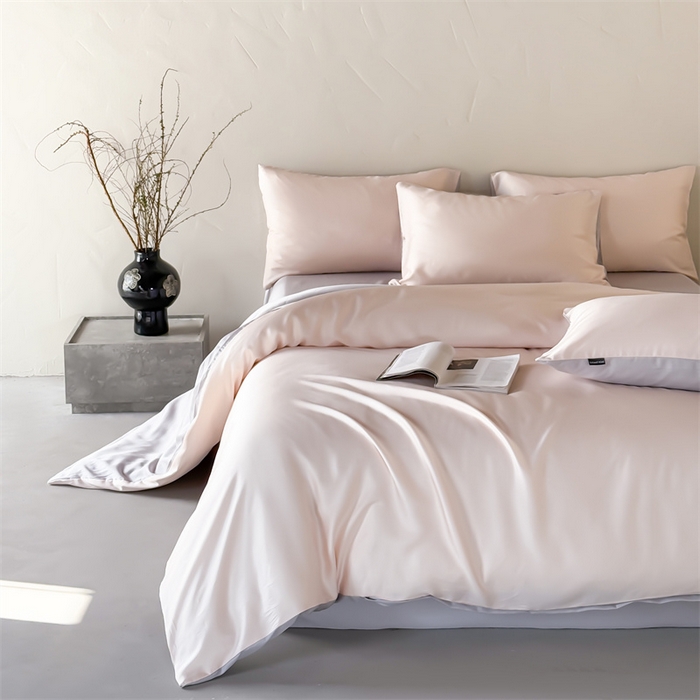 91家纺网 家纺一手货源 找家纺 优贝家纺 2026新款天丝面料纯色100%莱赛尔天丝面料四件套 粉玉+浅灰