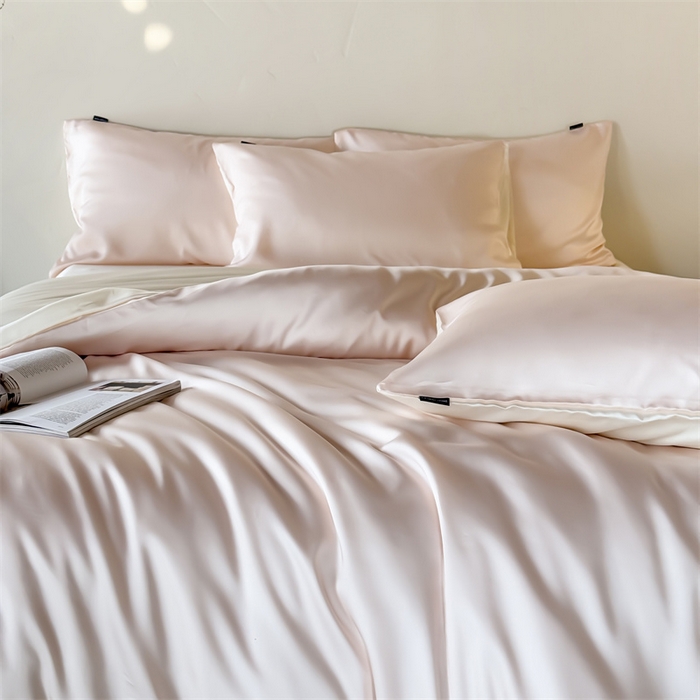 91家纺网 家纺一手货源 找家纺 优贝家纺 2026新款天丝面料纯色100%莱赛尔天丝面料四件套 粉玉+奶白