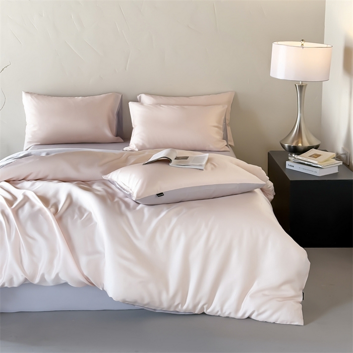 91家纺网 家纺一手货源 找家纺 优贝家纺 2026新款天丝面料纯色100%莱赛尔天丝面料四件套 粉玉+浅灰