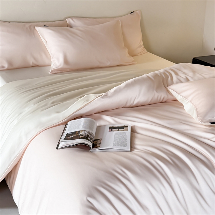 91家纺网 家纺一手货源 找家纺 优贝家纺 2026新款天丝面料纯色100%莱赛尔天丝面料四件套 粉玉+奶白