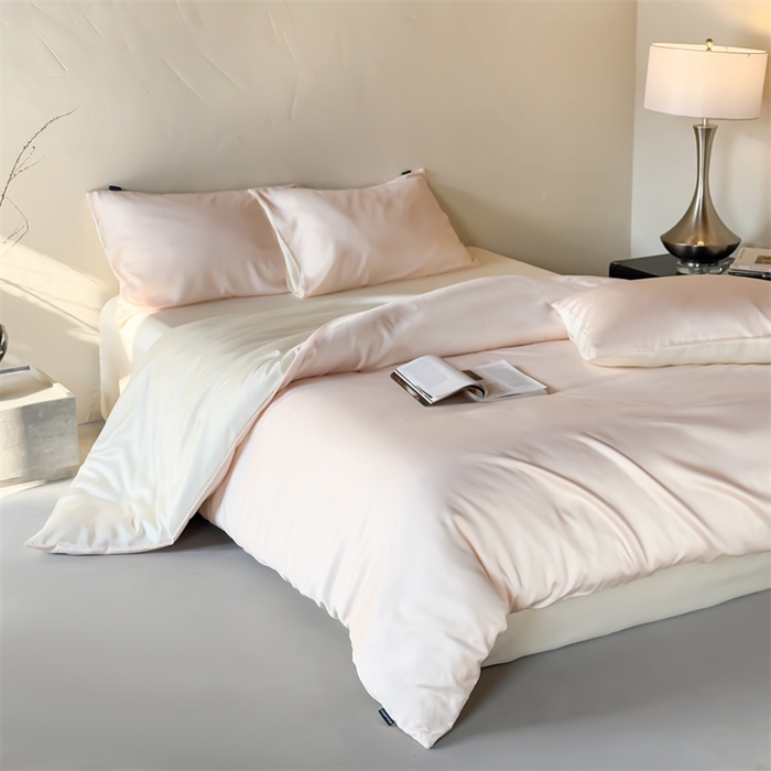 91家纺网 家纺一手货源 找家纺 优贝家纺 2026新款天丝面料纯色100%莱赛尔天丝面料四件套 粉玉+奶白