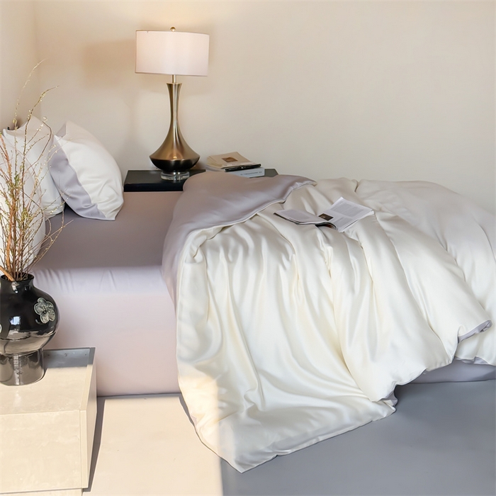 91家纺网 家纺一手货源 找家纺 优贝家纺 2026新款天丝面料纯色100%莱赛尔天丝面料四件套 奶白+浅灰