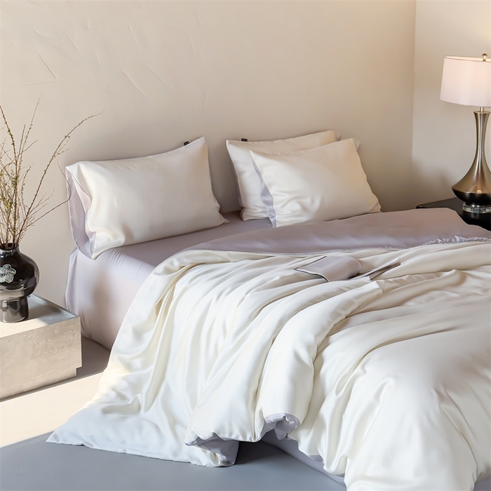 91家纺网 家纺一手货源 找家纺 优贝家纺 2026新款天丝面料纯色100%莱赛尔天丝面料四件套 奶白+浅灰