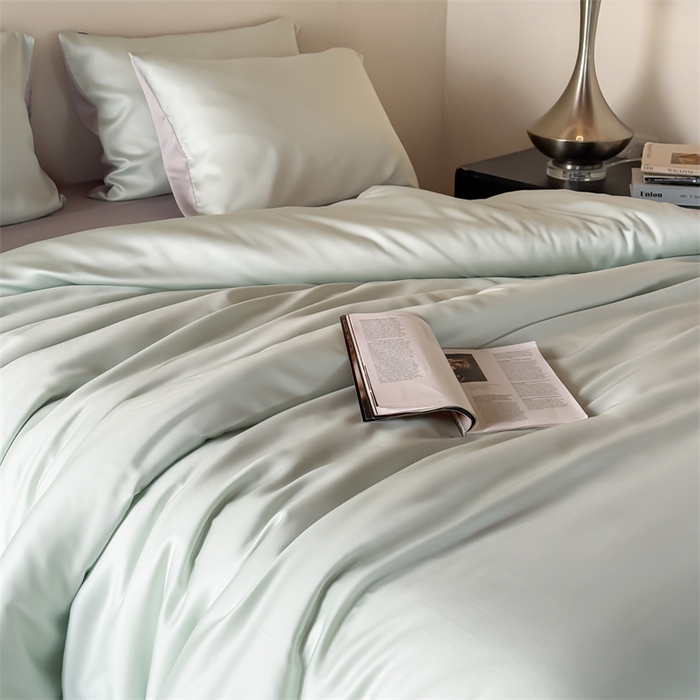 91家纺网 家纺一手货源 找家纺 优贝家纺 2026新款天丝面料纯色100%莱赛尔天丝面料四件套 清新绿+浅灰