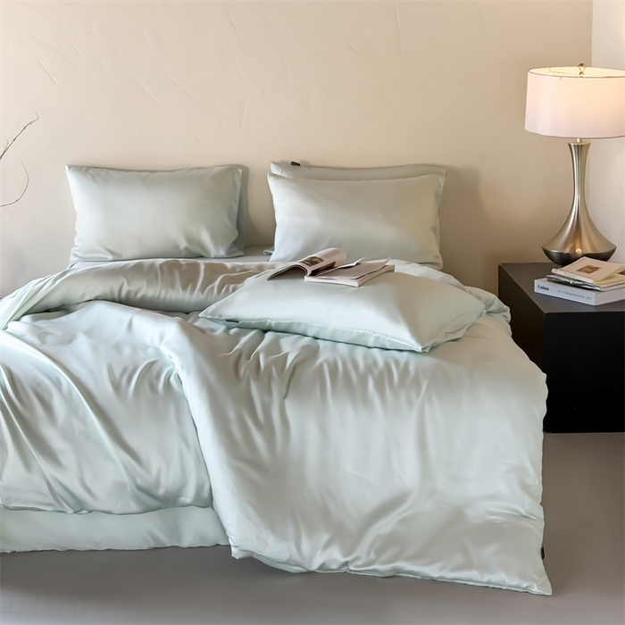 91家纺网 家纺一手货源 找家纺 优贝家纺 2026新款天丝面料纯色100%莱赛尔天丝面料四件套 清新绿