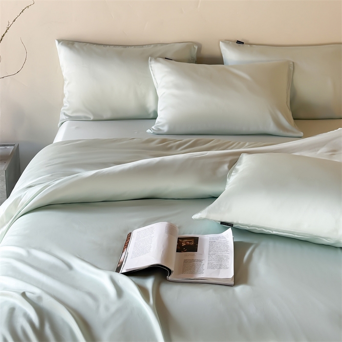 91家纺网 家纺一手货源 找家纺 优贝家纺 2026新款天丝面料纯色100%莱赛尔天丝面料四件套 清新绿