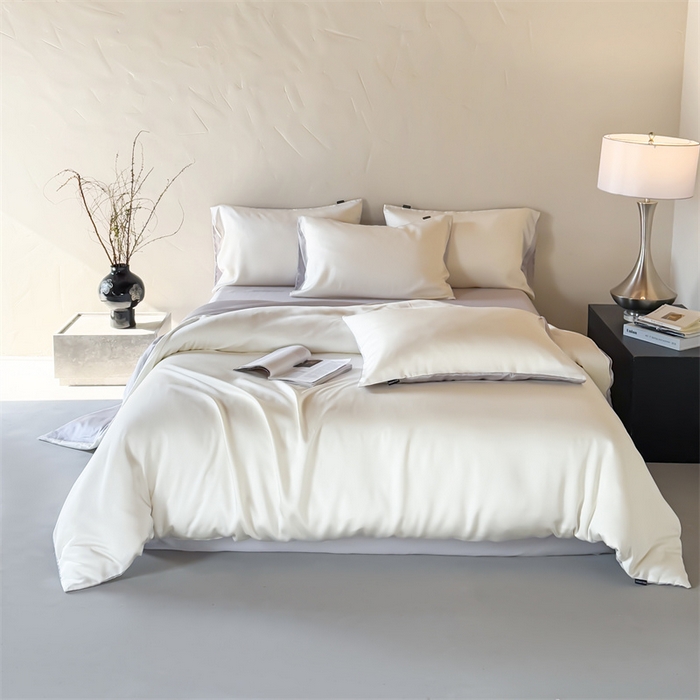 91家纺网 家纺一手货源 找家纺 优贝家纺 2026新款天丝面料纯色100%莱赛尔天丝面料四件套 奶白+浅灰