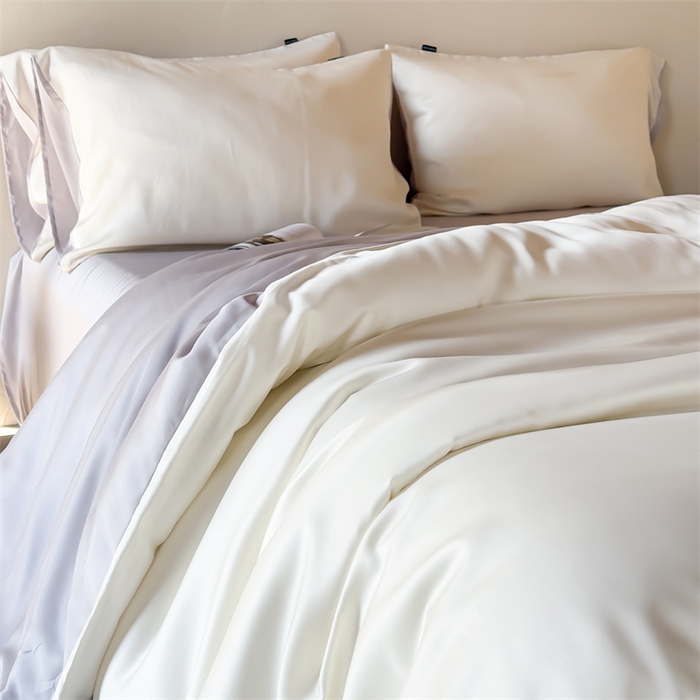 91家纺网 家纺一手货源 找家纺 优贝家纺 2026新款天丝面料纯色100%莱赛尔天丝面料四件套 奶白+浅灰