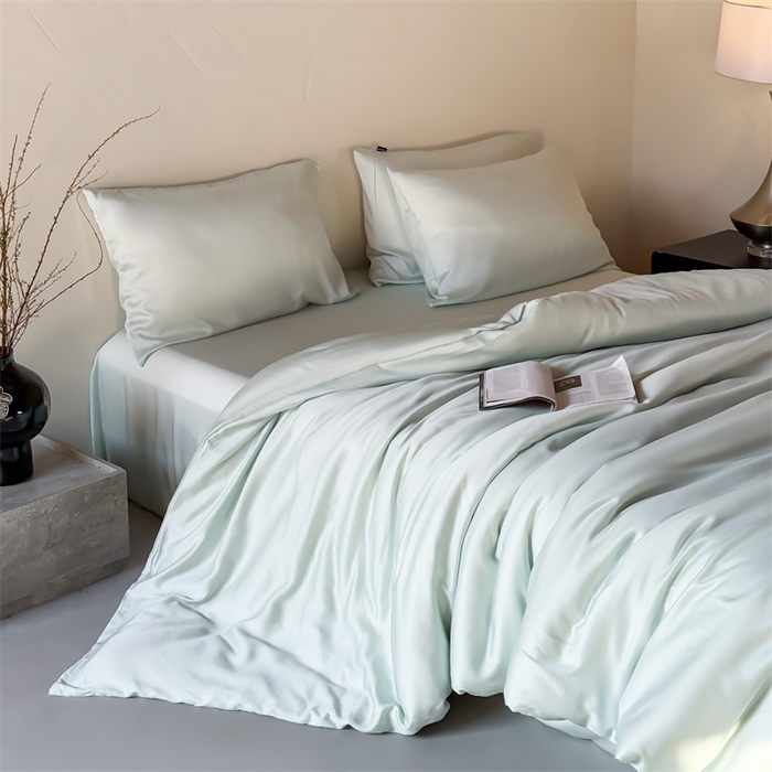 91家纺网 家纺一手货源 找家纺 优贝家纺 2026新款天丝面料纯色100%莱赛尔天丝面料四件套 清新绿