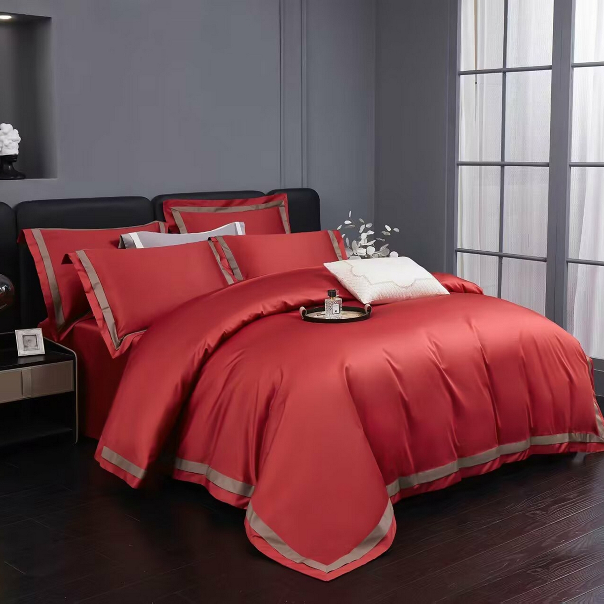 91家纺网 家纺一手货源 找家纺 沐珩家纺 2026新款双拼角拼色100s长绒棉工艺四件套-凯伦 凯伦-勃艮第红