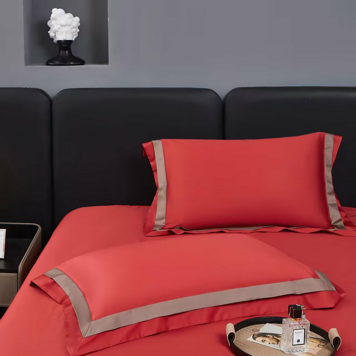 91家纺网 家纺一手货源 找家纺 沐珩家纺 2026新款双拼角拼色100s长绒棉工艺四件套-凯伦 凯伦-勃艮第红