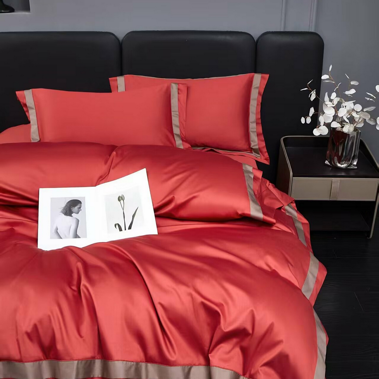 91家纺网 家纺一手货源 找家纺 沐珩家纺 2026新款双拼角拼色100s长绒棉工艺四件套-凯伦 凯伦-勃艮第红