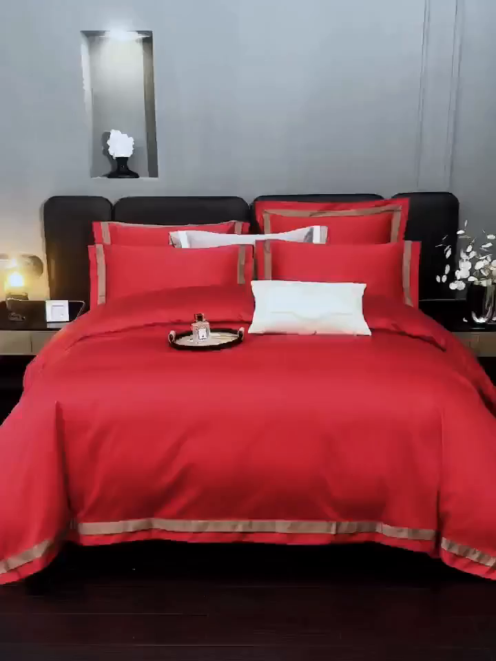91家纺网 家纺一手货源 找家纺 沐珩家纺 2026新款双拼角拼色100s长绒棉工艺四件套-凯伦 凯伦-勃艮第红