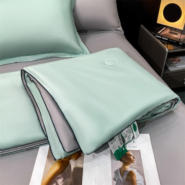91家纺网 家纺一手货源 找家纺 绒棉世家 2026新款100%莱赛尔纯色天丝面料夏被四件套终版 清新绿