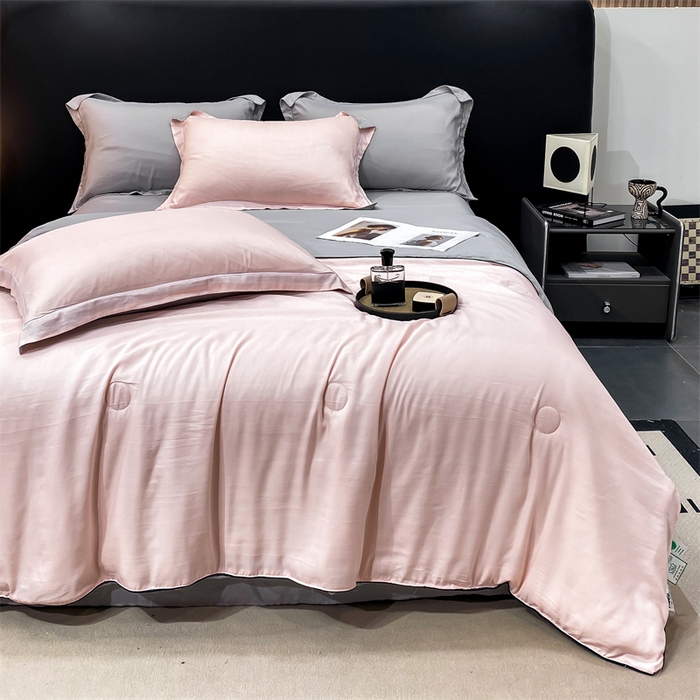 91家纺网 家纺一手货源 找家纺 绒棉世家 2026新款100%莱赛尔纯色天丝面料夏被四件套终版 少女粉