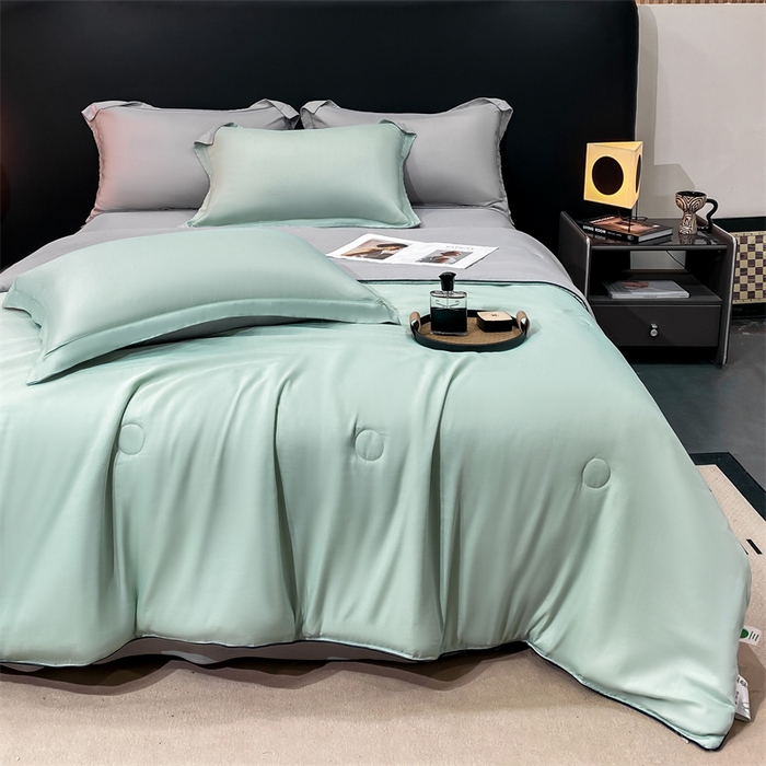 91家纺网 家纺一手货源 找家纺 绒棉世家 2026新款100%莱赛尔纯色天丝面料夏被四件套终版 清新绿