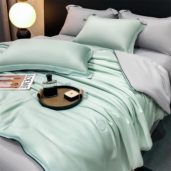 91家纺网 家纺一手货源 找家纺 绒棉世家 2026新款100%莱赛尔纯色天丝面料夏被四件套终版 清新绿