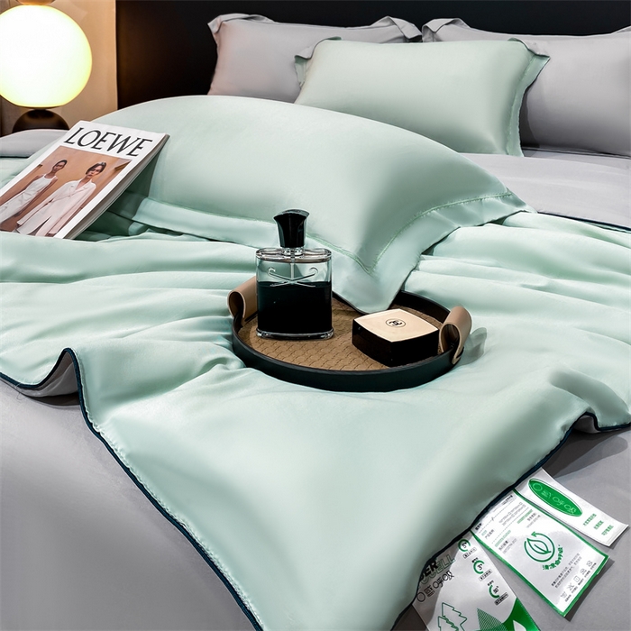 91家纺网 家纺一手货源 找家纺 绒棉世家 2026新款100%莱赛尔纯色天丝面料夏被四件套终版 清新绿