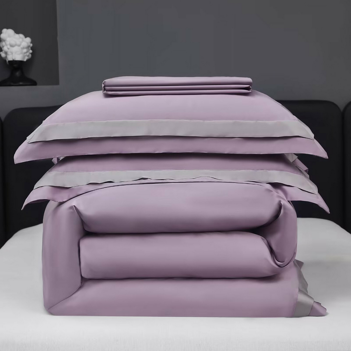 91家纺网 家纺一手货源 找家纺 沐珩家纺 2026新款双拼角拼色100s长绒棉工艺四件套-凯伦 凯伦-罗兰紫