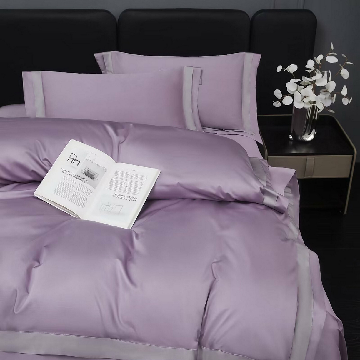 91家纺网 家纺一手货源 找家纺 沐珩家纺 2026新款双拼角拼色100s长绒棉工艺四件套-凯伦 凯伦-罗兰紫