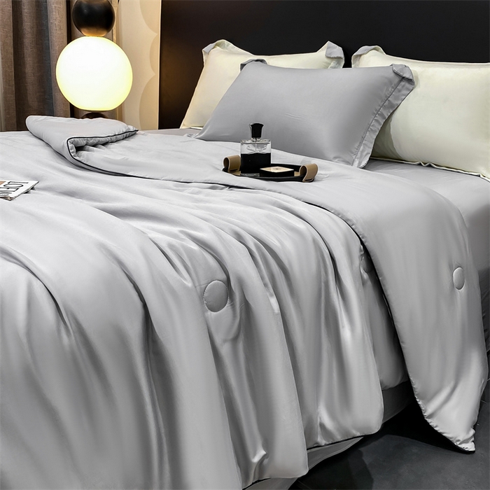 91家纺网 家纺一手货源 找家纺 绒棉世家 2026新款100%莱赛尔纯色天丝面料夏被四件套终版 绅士灰