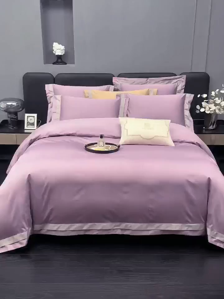 91家纺网 家纺一手货源 找家纺 沐珩家纺 2026新款双拼角拼色100s长绒棉工艺四件套-凯伦 凯伦-罗兰紫
