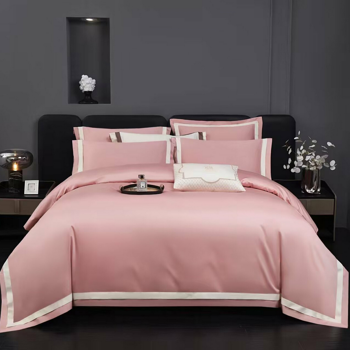 91家纺网 家纺一手货源 找家纺 沐珩家纺 2026新款双拼角拼色100s长绒棉工艺四件套-凯伦 凯伦-玫瑰木粉