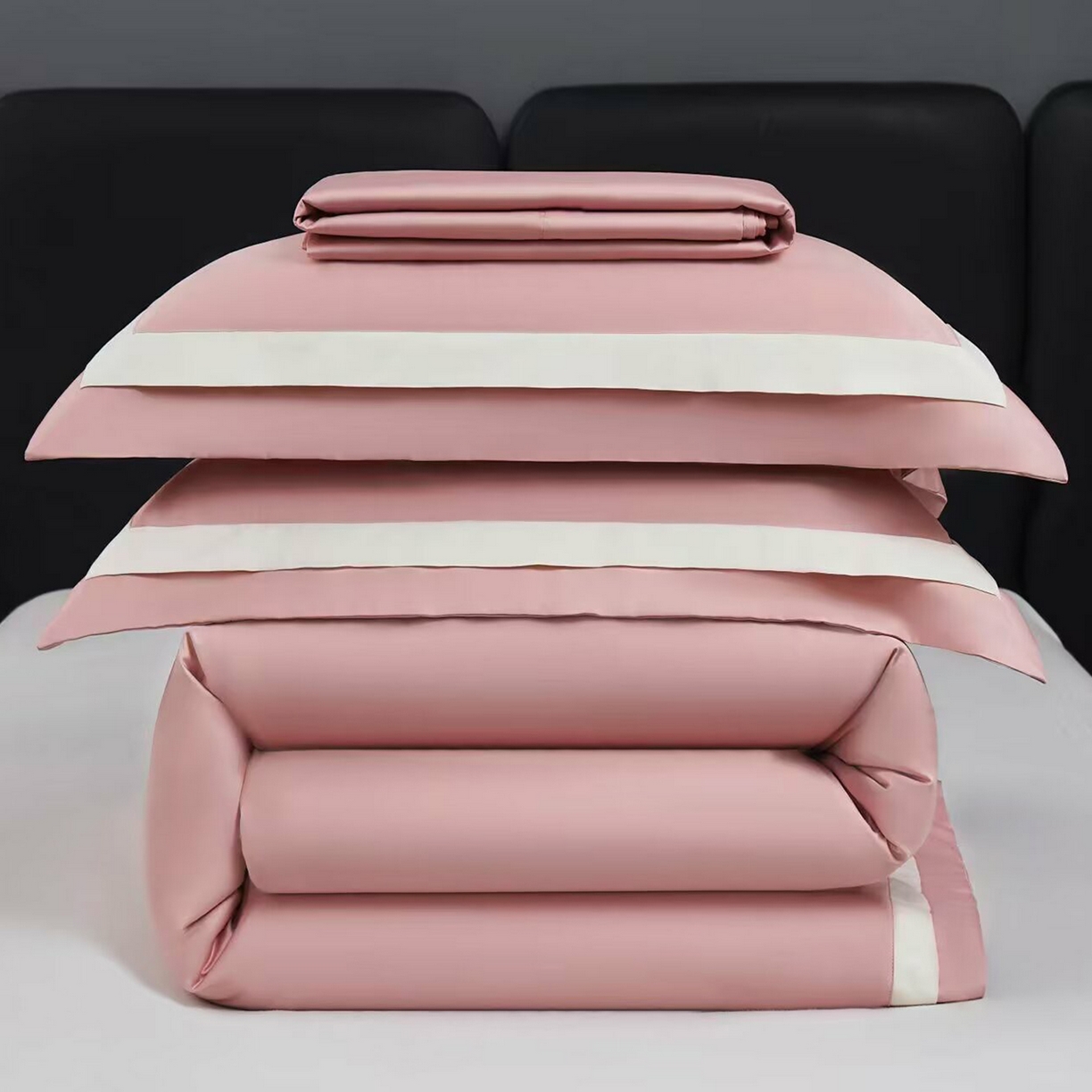 91家纺网 家纺一手货源 找家纺 沐珩家纺 2026新款双拼角拼色100s长绒棉工艺四件套-凯伦 凯伦-玫瑰木粉