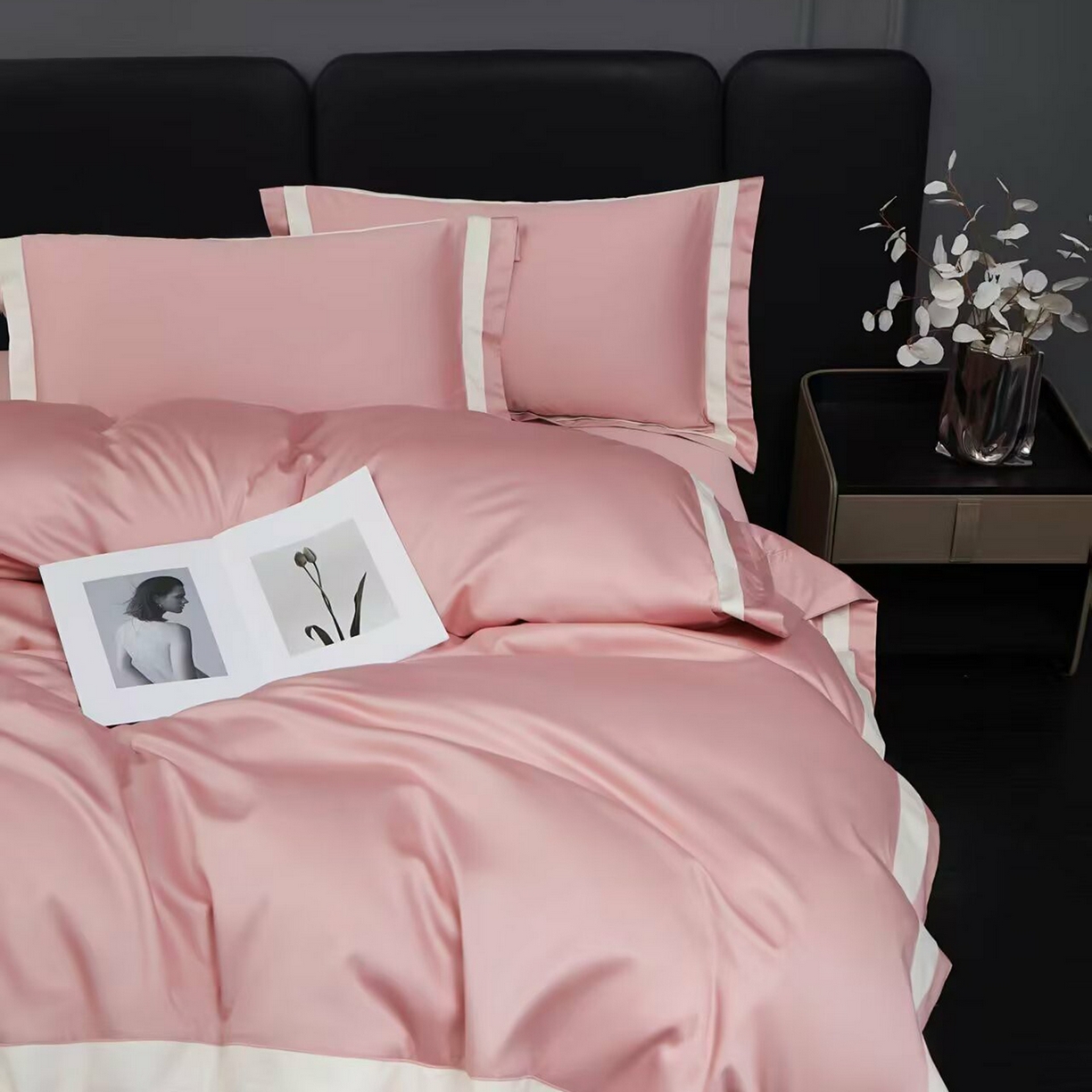 91家纺网 家纺一手货源 找家纺 沐珩家纺 2026新款双拼角拼色100s长绒棉工艺四件套-凯伦 凯伦-玫瑰木粉