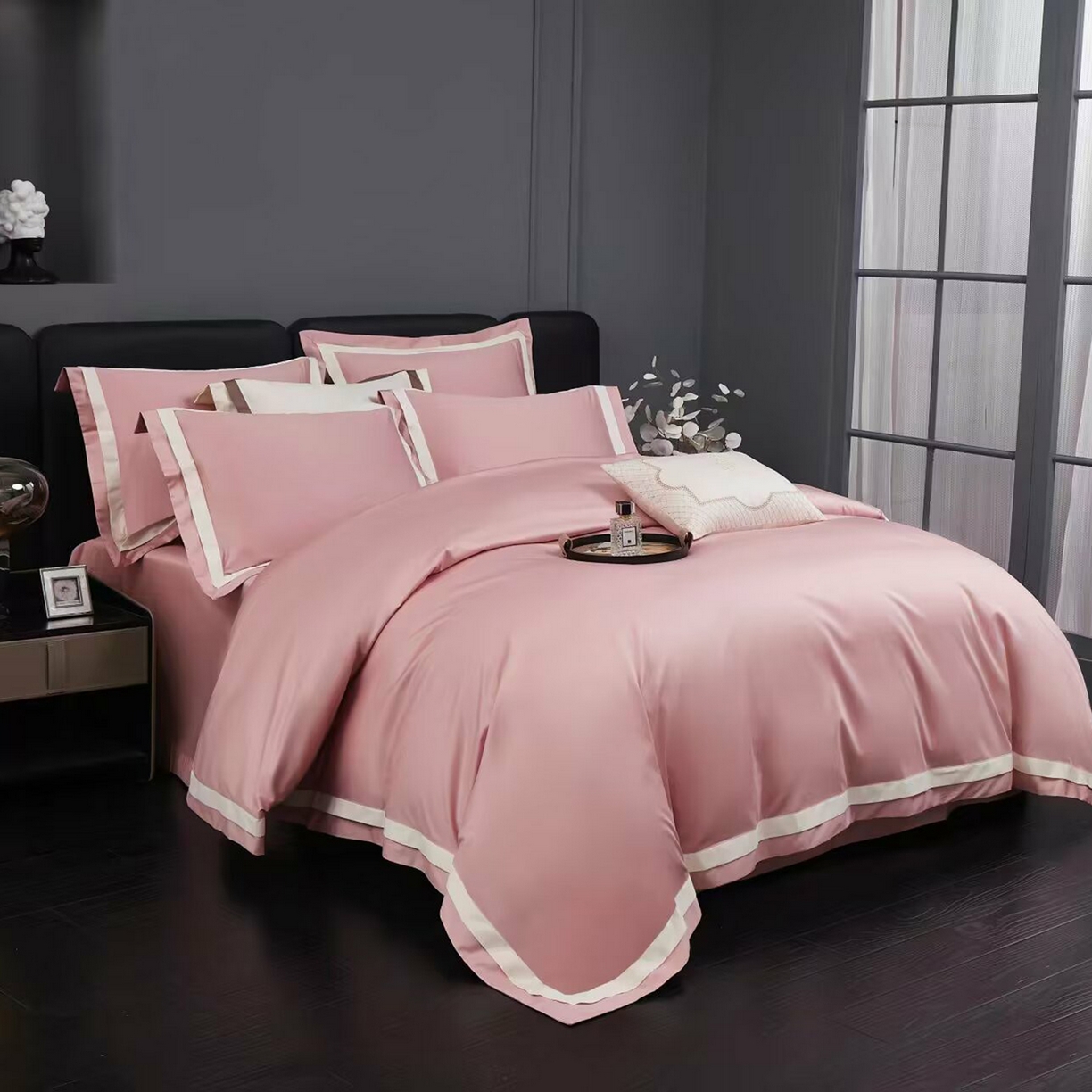 91家纺网 家纺一手货源 找家纺 沐珩家纺 2026新款双拼角拼色100s长绒棉工艺四件套-凯伦 凯伦-玫瑰木粉