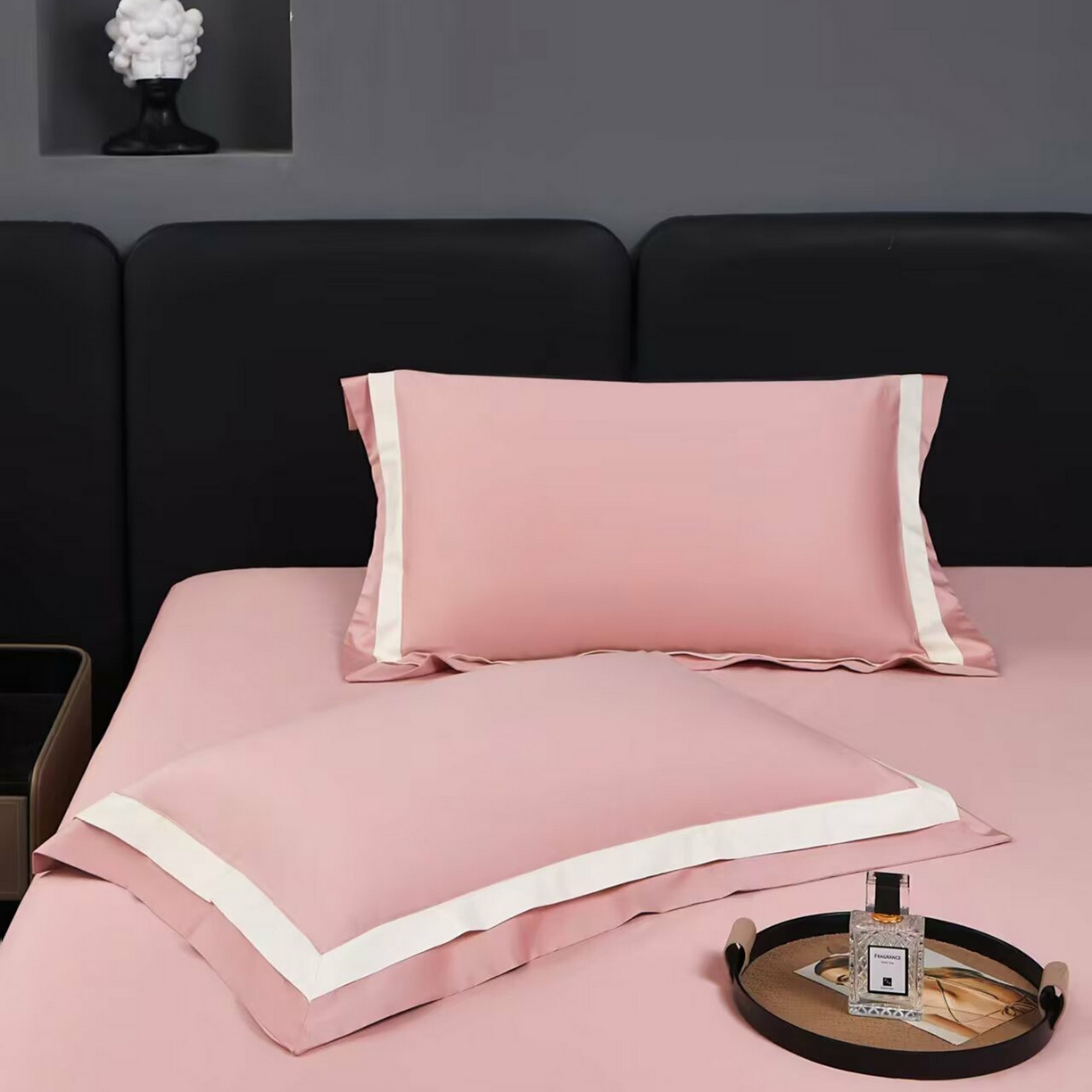 91家纺网 家纺一手货源 找家纺 沐珩家纺 2026新款双拼角拼色100s长绒棉工艺四件套-凯伦 凯伦-玫瑰木粉