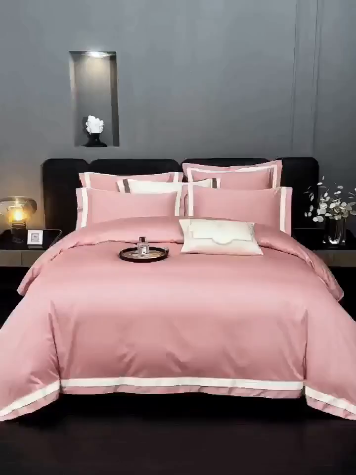 91家纺网 家纺一手货源 找家纺 沐珩家纺 2026新款双拼角拼色100s长绒棉工艺四件套-凯伦 凯伦-玫瑰木粉
