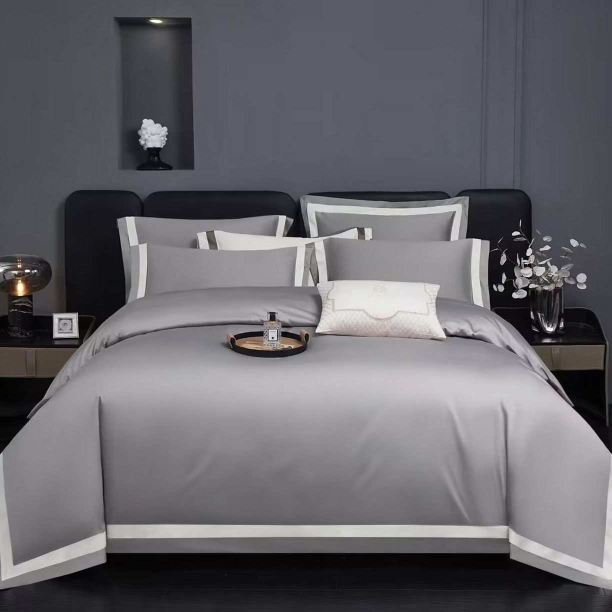 91家纺网 家纺一手货源 找家纺 沐珩家纺 2026新款双拼角拼色100s长绒棉工艺四件套-凯伦 凯伦-弥漫灰