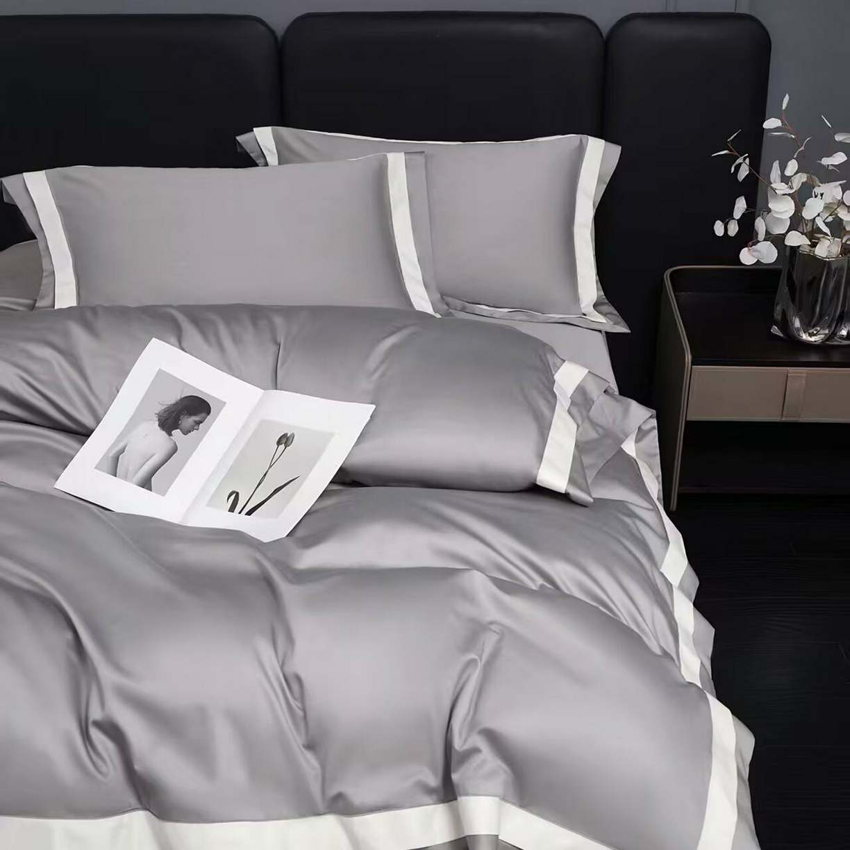 91家纺网 家纺一手货源 找家纺 沐珩家纺 2026新款双拼角拼色100s长绒棉工艺四件套-凯伦 凯伦-弥漫灰