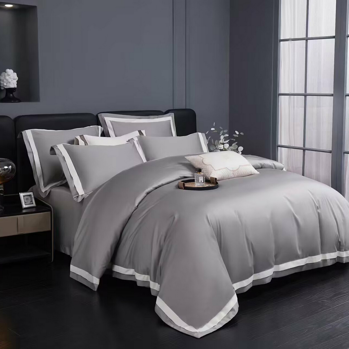 91家纺网 家纺一手货源 找家纺 沐珩家纺 2026新款双拼角拼色100s长绒棉工艺四件套-凯伦 凯伦-弥漫灰