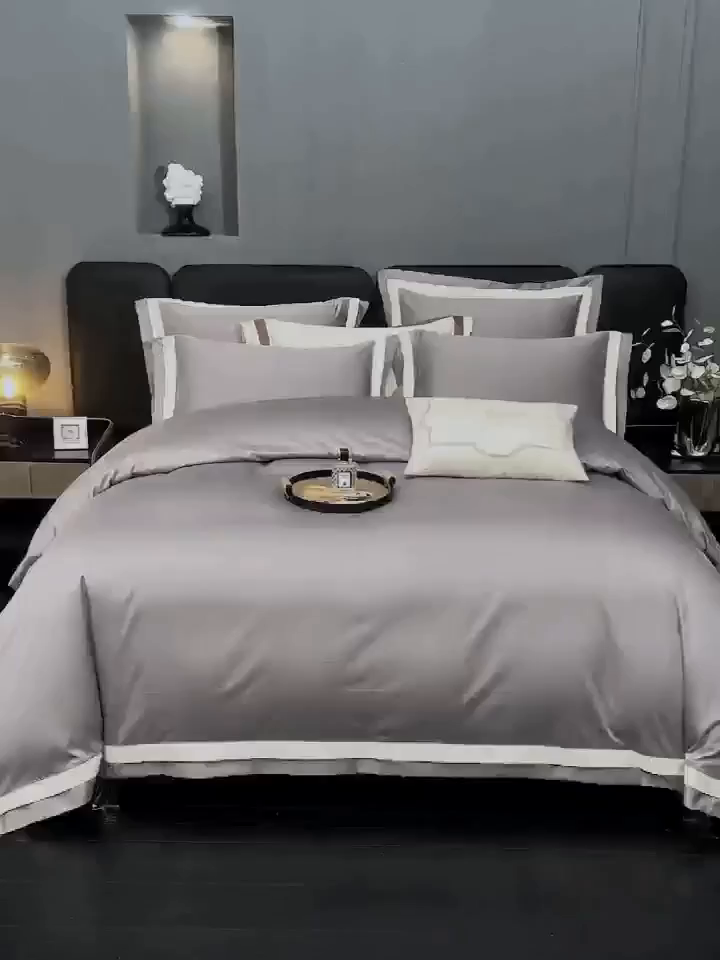 91家纺网 家纺一手货源 找家纺 沐珩家纺 2026新款双拼角拼色100s长绒棉工艺四件套-凯伦 凯伦-弥漫灰