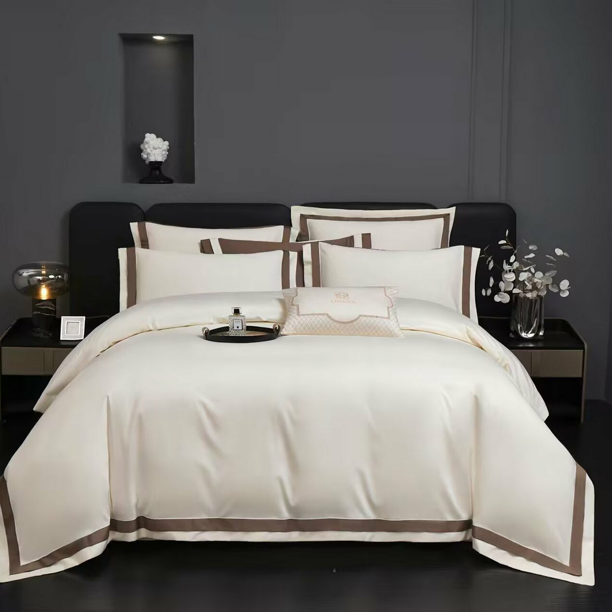 91家纺网 家纺一手货源 找家纺 沐珩家纺 2026新款双拼角拼色100s长绒棉工艺四件套-凯伦 凯伦-乳白色