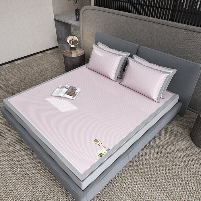 小牛席业 2026新款PE凉感纤维无印风纯色凉感冰丝席凉席席子 PE凉感-无印条纹(粉色)