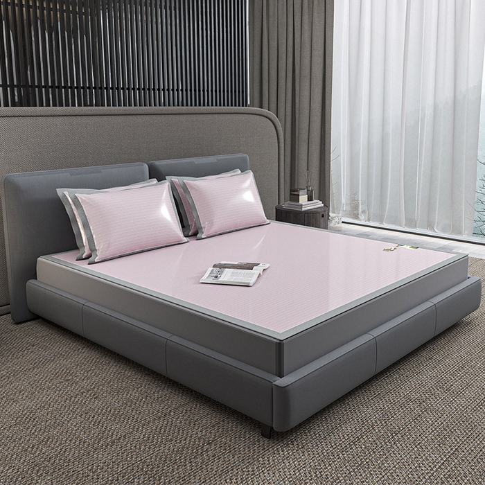 91家纺网 家纺一手货源 找家纺 小牛席业 2026新款PE凉感纤维无印风纯色凉感冰丝席凉席席子 PE凉感-无印条纹(粉色)