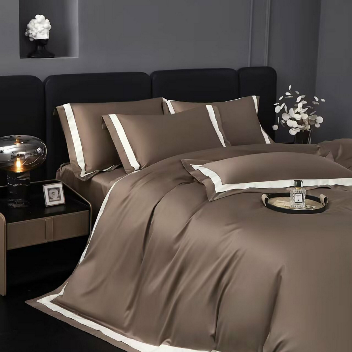 沐珩家纺 2026新款双拼角拼色100s长绒棉工艺四件套-凯伦 凯伦-时尚咖