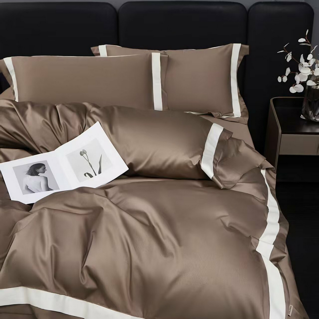 91家纺网 家纺一手货源 找家纺 沐珩家纺 2026新款双拼角拼色100s长绒棉工艺四件套-凯伦 凯伦-时尚咖