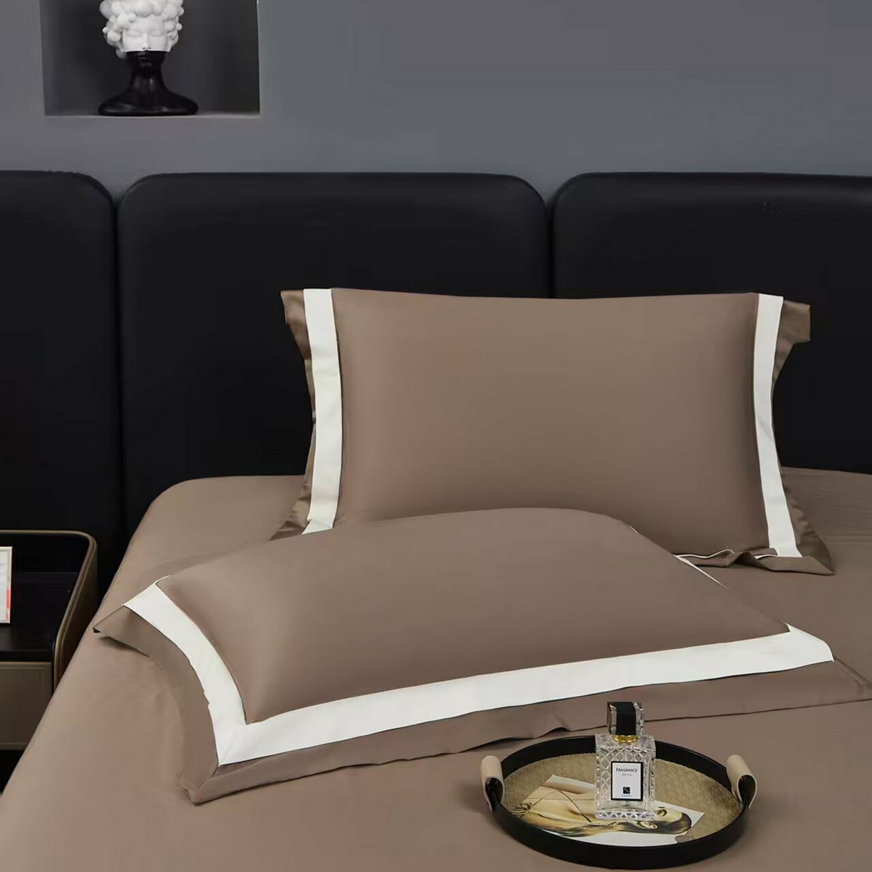 91家纺网 家纺一手货源 找家纺 沐珩家纺 2026新款双拼角拼色100s长绒棉工艺四件套-凯伦 凯伦-时尚咖