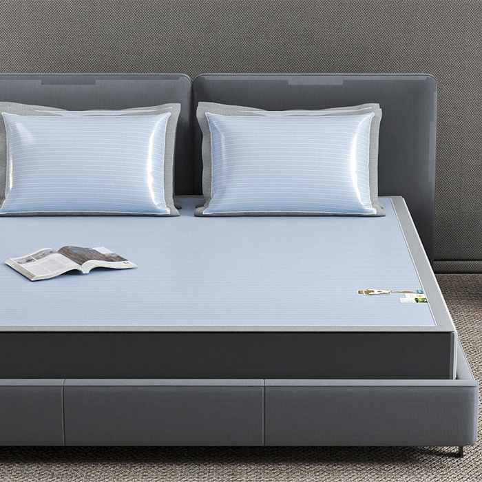 91家纺网 家纺一手货源 找家纺 小牛席业 2026新款PE凉感纤维无印风纯色凉感冰丝席凉席席子 PE凉感-无印条纹(蓝色)