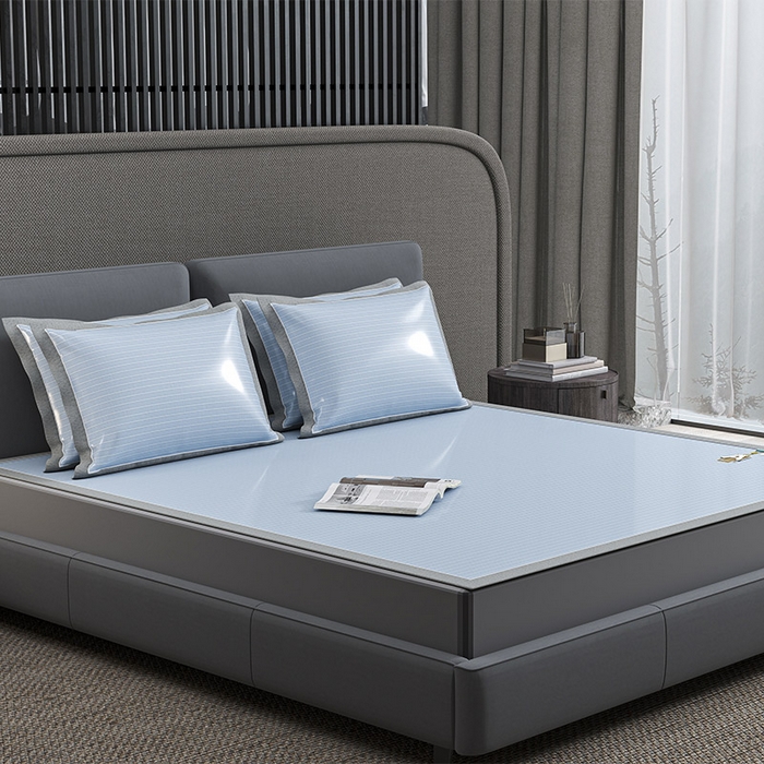 91家纺网 家纺一手货源 找家纺 小牛席业 2026新款PE凉感纤维无印风纯色凉感冰丝席凉席席子 PE凉感-无印条纹(蓝色)