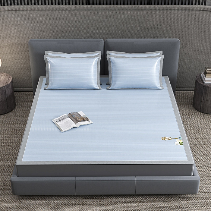 91家纺网 家纺一手货源 找家纺 小牛席业 2026新款PE凉感纤维无印风纯色凉感冰丝席凉席席子 PE凉感-无印条纹(蓝色)