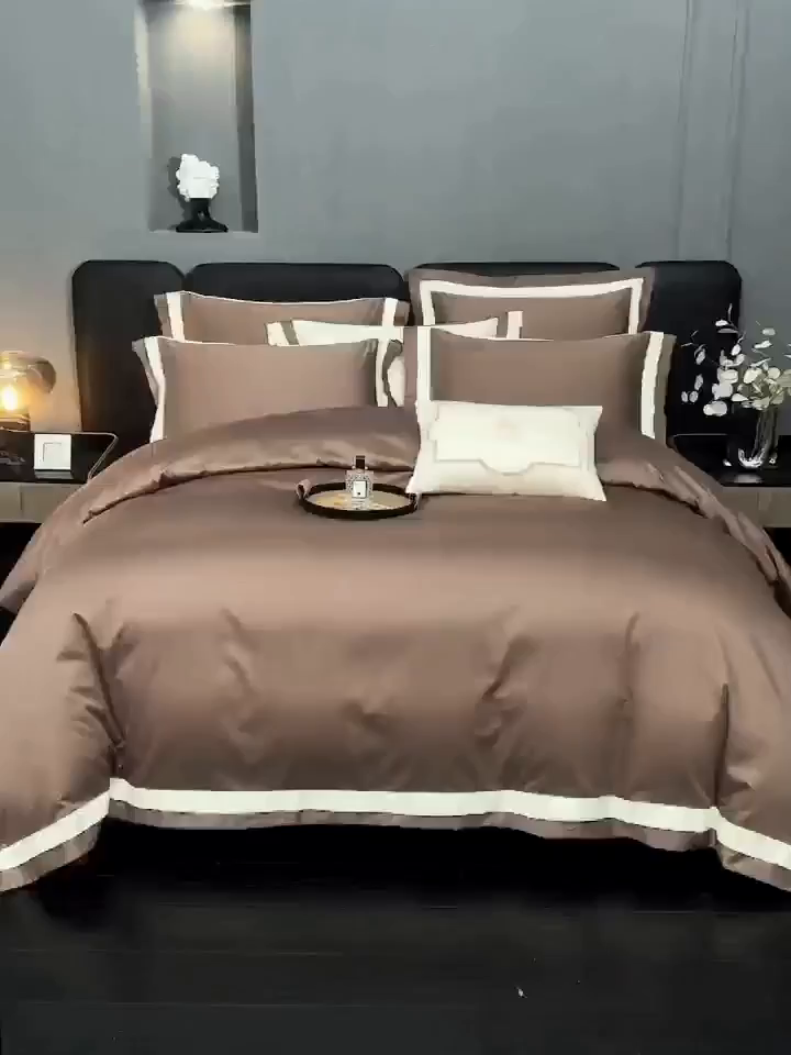 91家纺网 家纺一手货源 找家纺 沐珩家纺 2026新款双拼角拼色100s长绒棉工艺四件套-凯伦 凯伦-时尚咖
