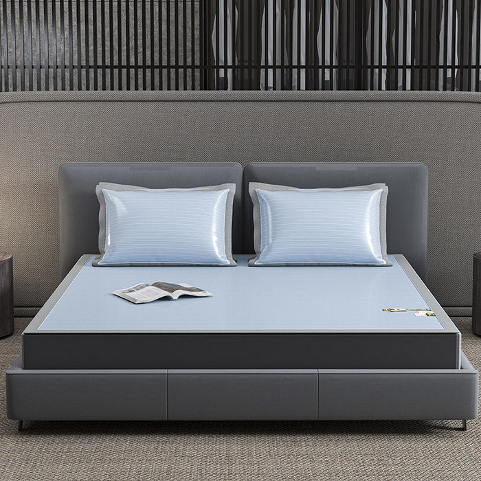 91家纺网 家纺一手货源 找家纺 小牛席业 2026新款PE凉感纤维无印风纯色凉感冰丝席凉席席子 PE凉感-无印条纹(蓝色)