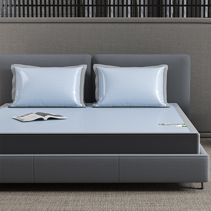 91家纺网 家纺一手货源 找家纺 小牛席业 2026新款PE凉感纤维无印风纯色凉感冰丝席凉席席子 PE凉感-无印条纹(蓝色)