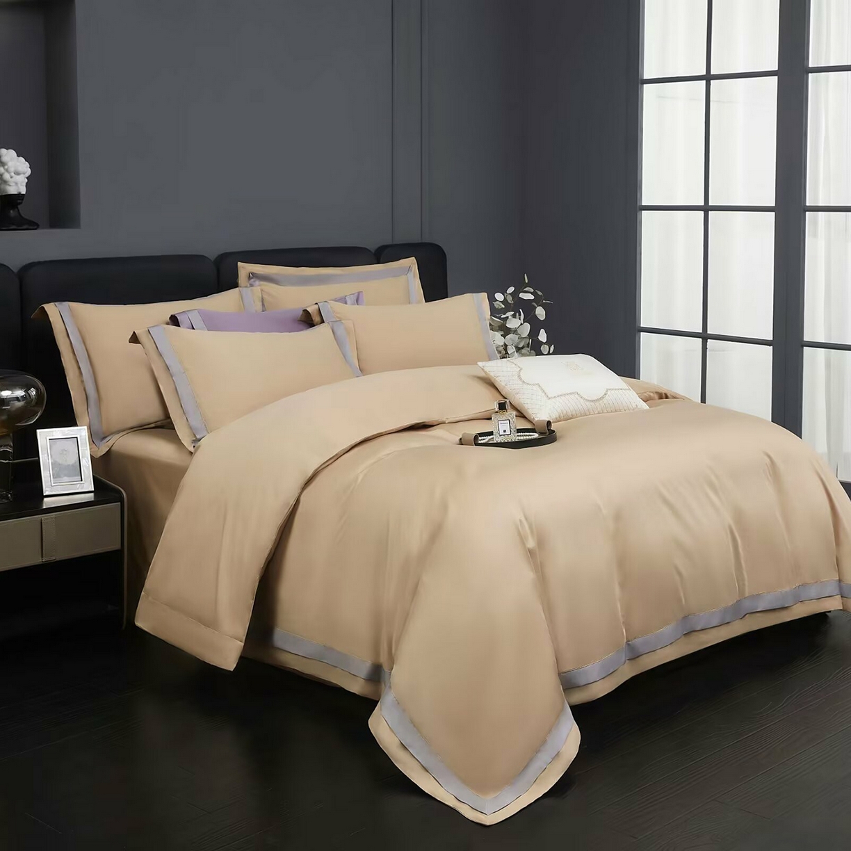 91家纺网 家纺一手货源 找家纺 沐珩家纺 2026新款双拼角拼色100s长绒棉工艺四件套-凯伦 凯伦-烟色香槟